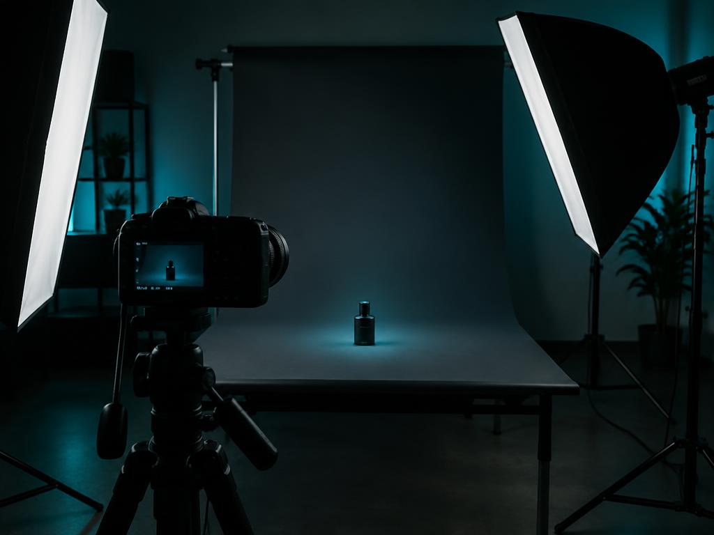 Camera on tripod in a product photo studio