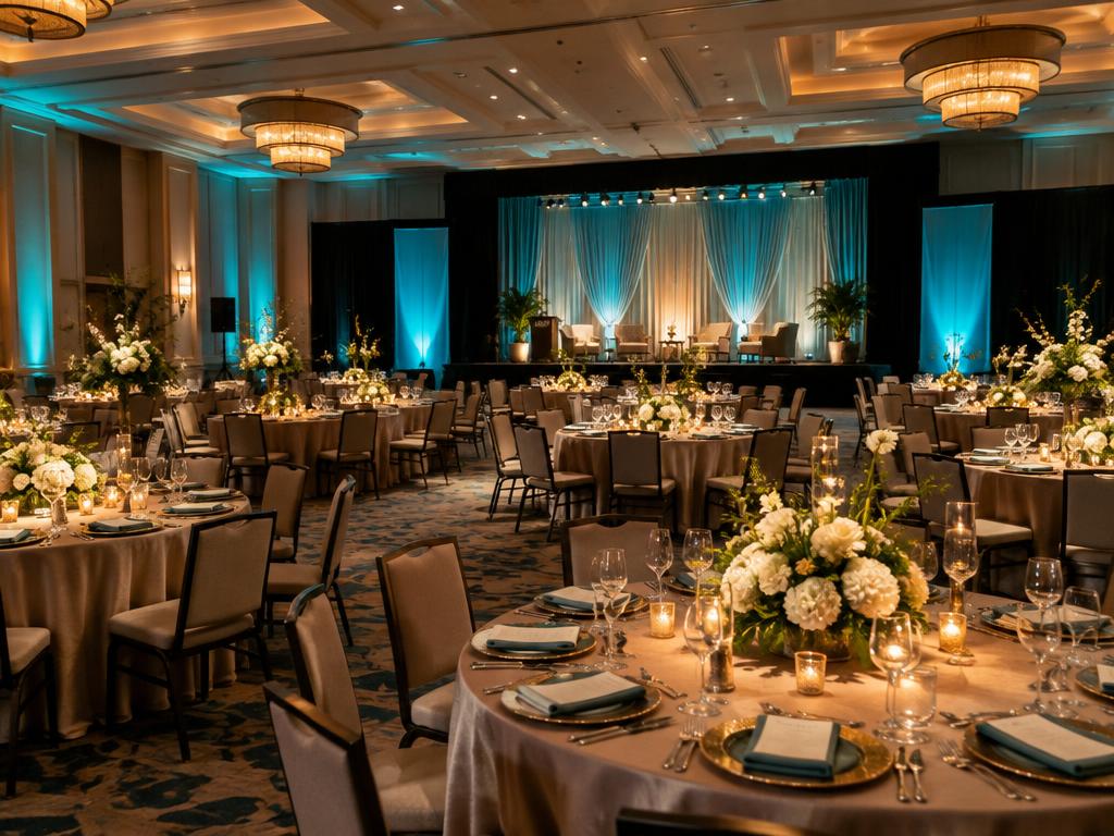 Gala ballroom with tables and stage backdrop