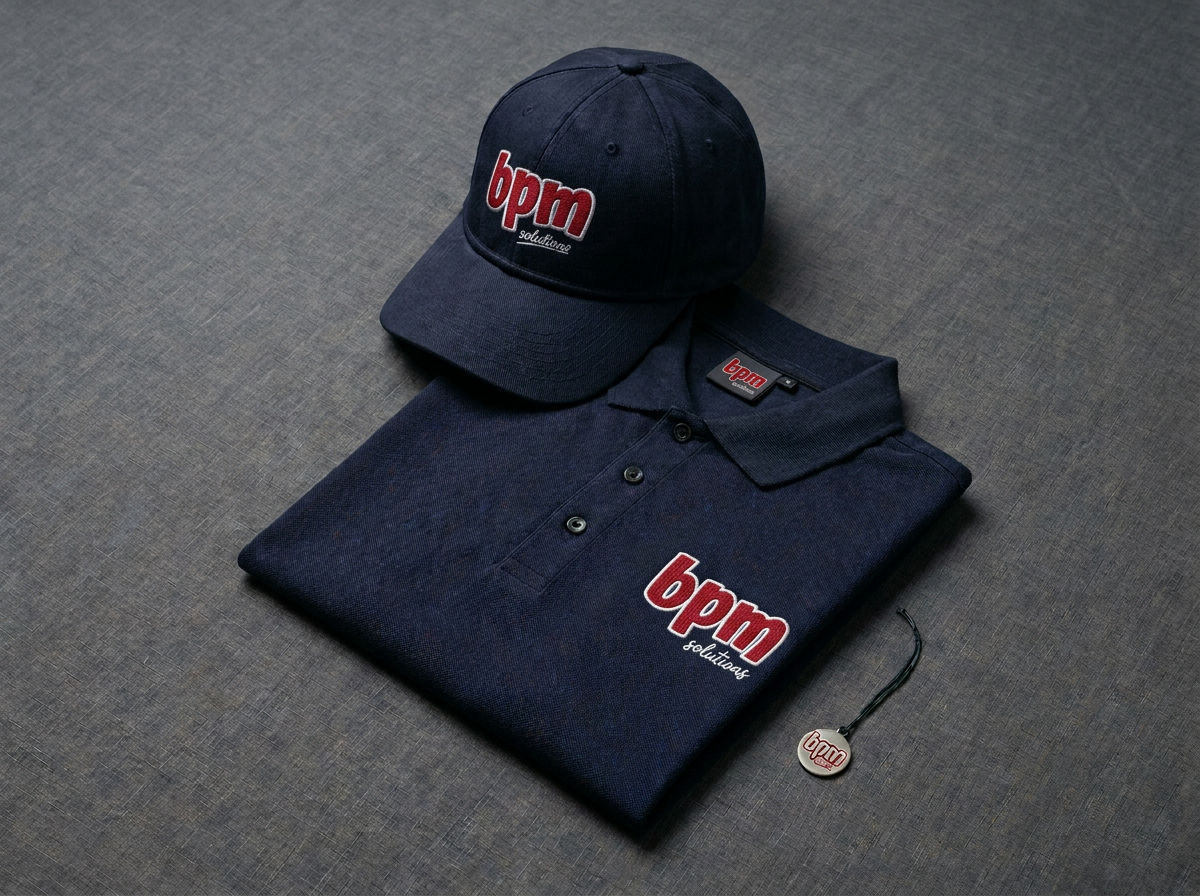 Embroidery project — Embroidery produced by BPM Solutions for . Tonal embroidered crest applied to structured six-panel caps, paired with a matching flat-stitch embroidered corporate polo.