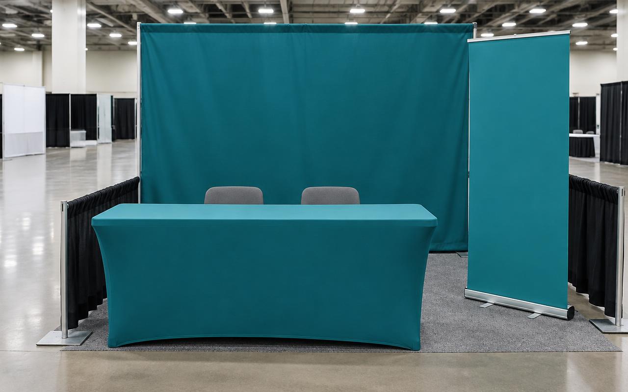 Trade show booth with backdrop, table cover and banner stand