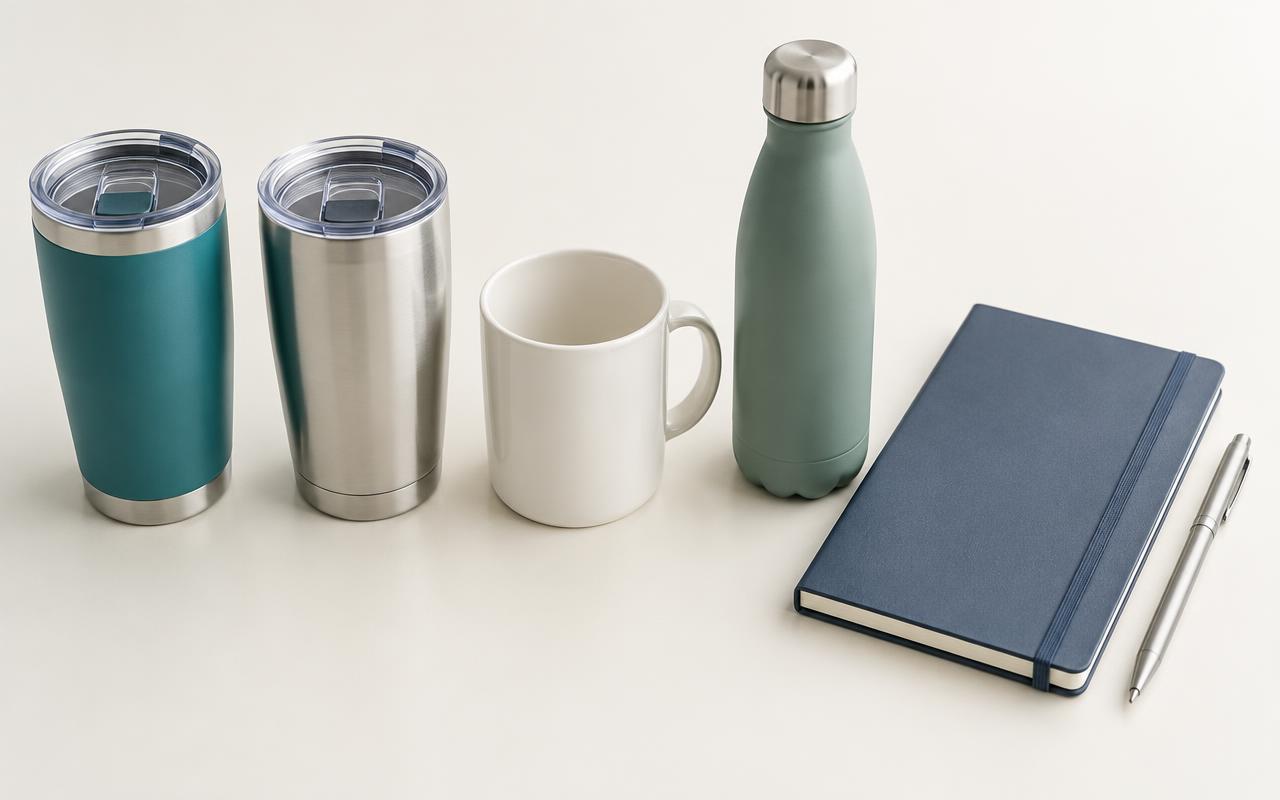 Blank tumblers, mugs, water bottle, notebook and pen