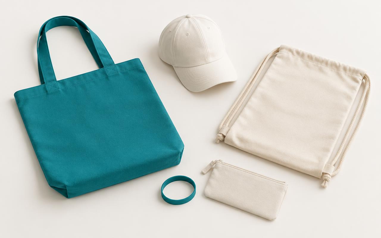 Canvas tote, cap, drawstring bag, wristband and pouch