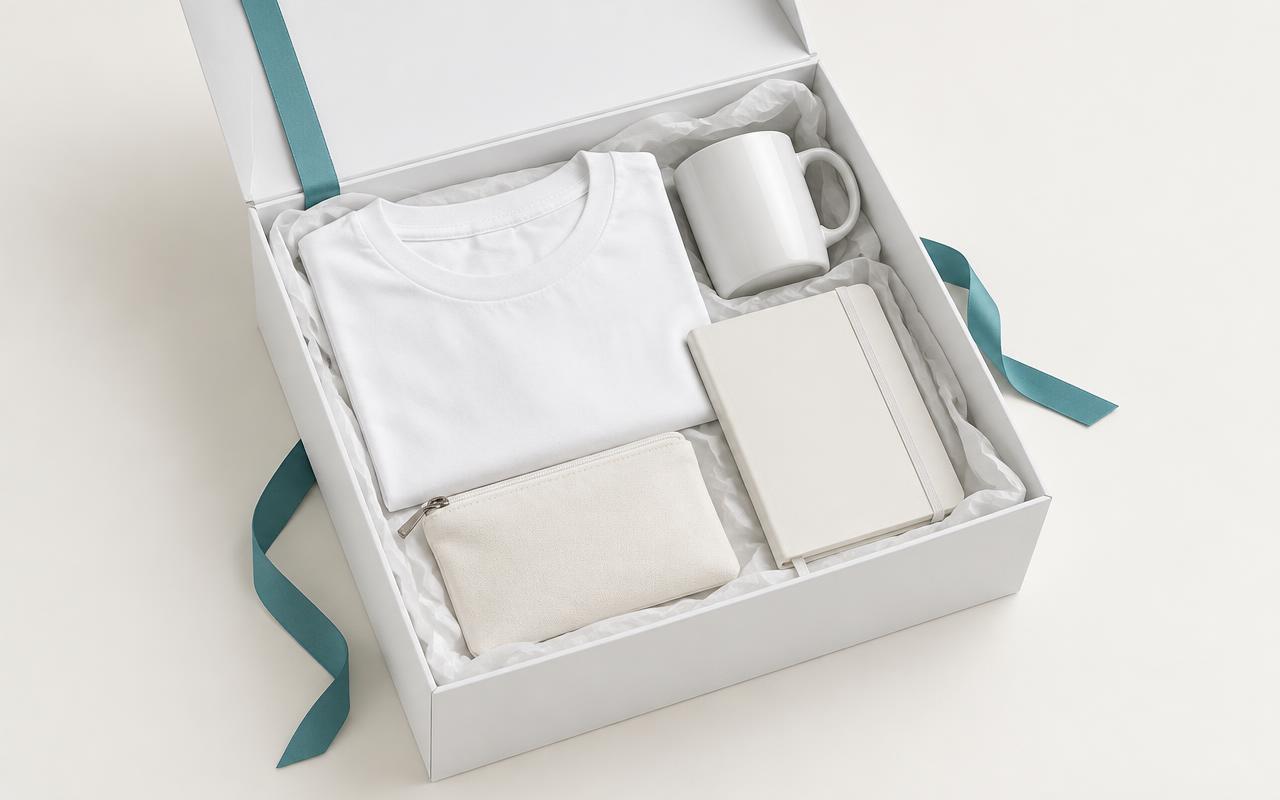 Open welcome kit box with shirt, mug, notebook and pouch