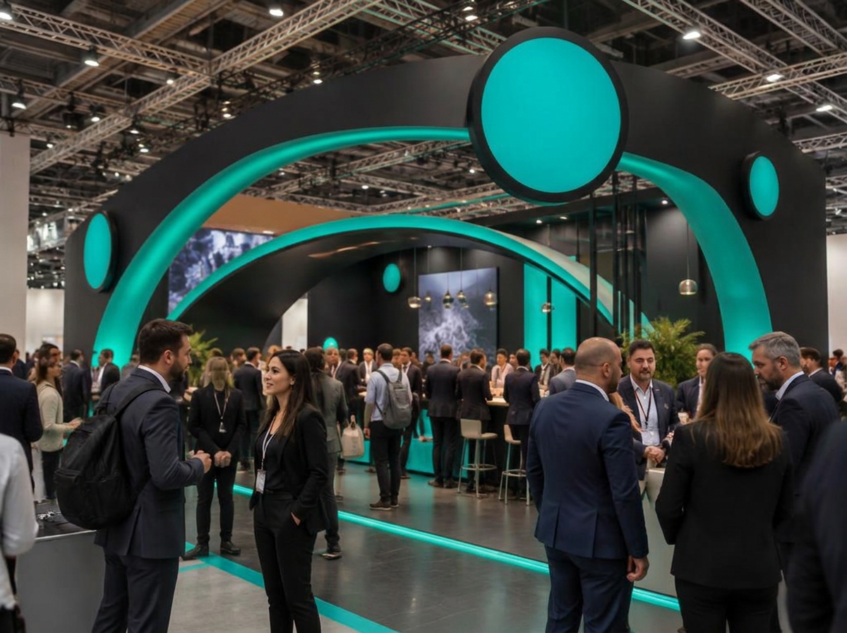 Trade show booth with teal-lit backdrop
